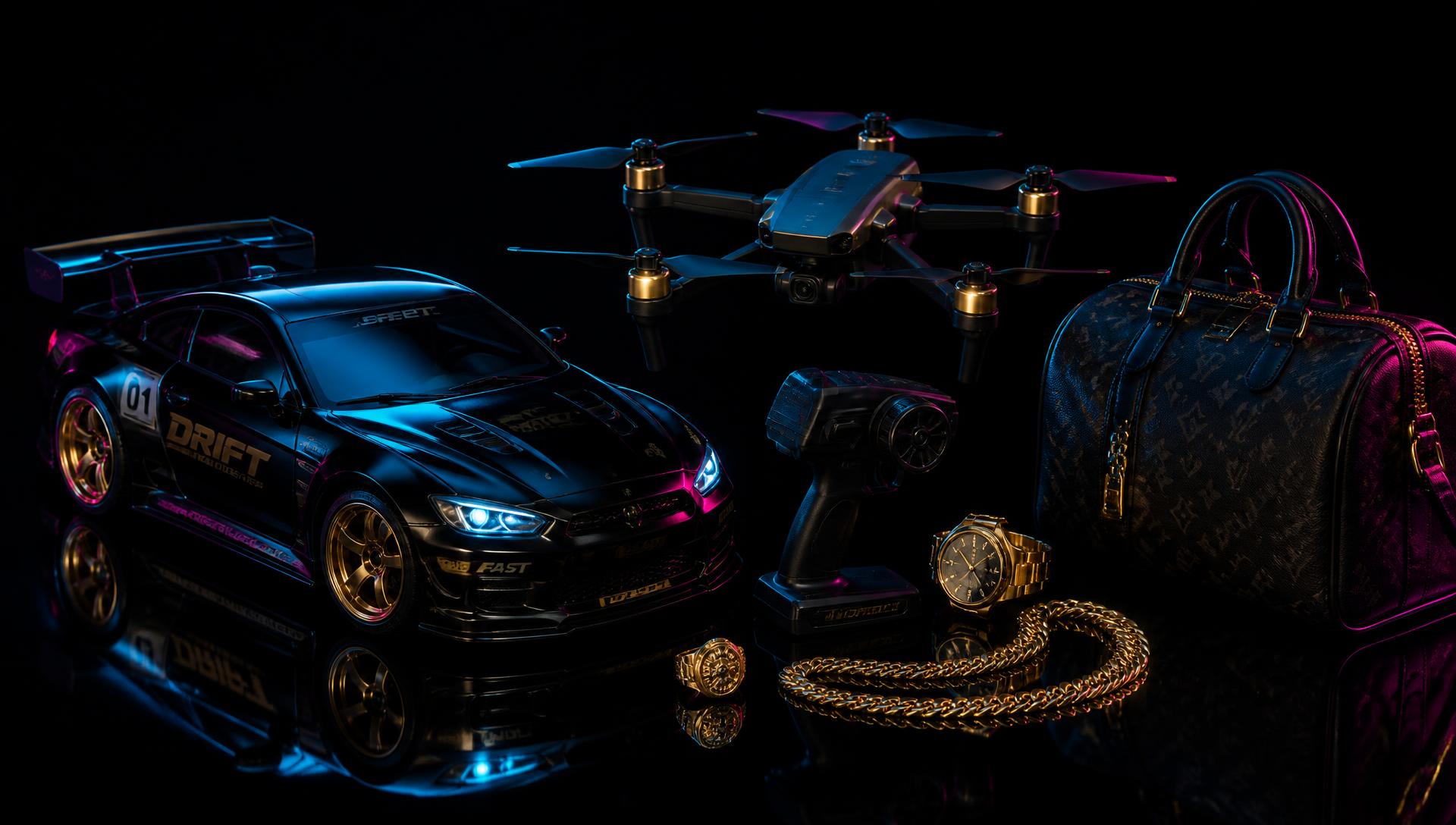 Premium imported RC drift car, drone, jewellery and designer bag lit with neon studio lighting